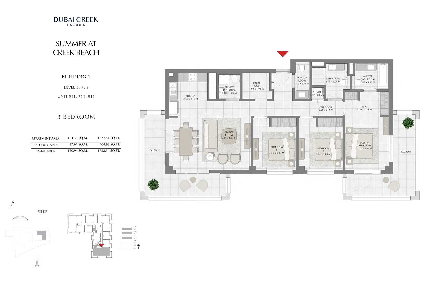 3 Br Building 1 Level-5-7-9 Unit 511-711-911, Size 1732 Sq Ft